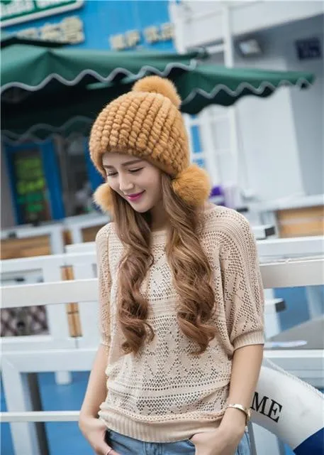 Autumn Winter Optimal 100% Real Mink Fur Knitted Ear Protector Hats for Girls