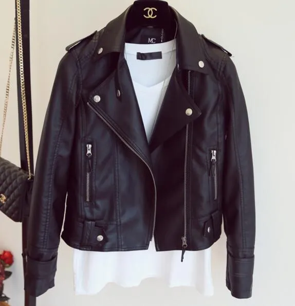 Autumn Winter Synthetic Leather Rivet Jacket Slim Black Zipper Motorcycle Coat