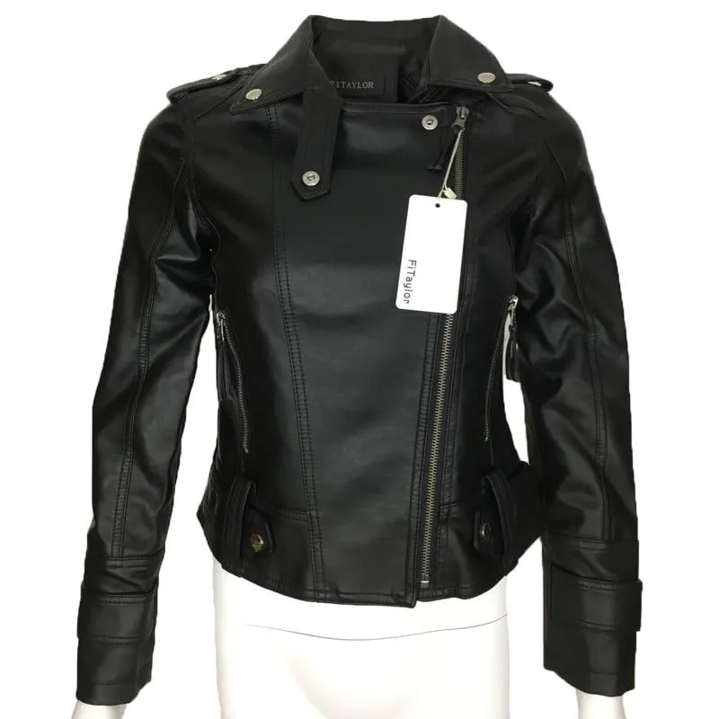 Autumn Winter Synthetic Leather Rivet Jacket Slim Black Zipper Motorcycle Coat