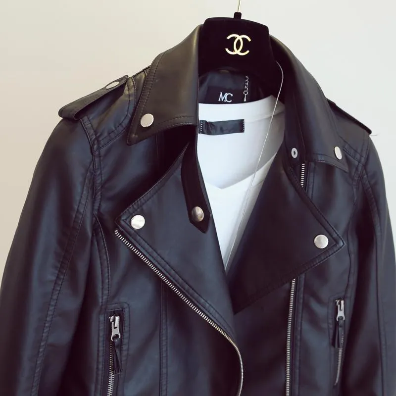 Autumn Winter Synthetic Leather Rivet Jacket Slim Black Zipper Motorcycle Coat