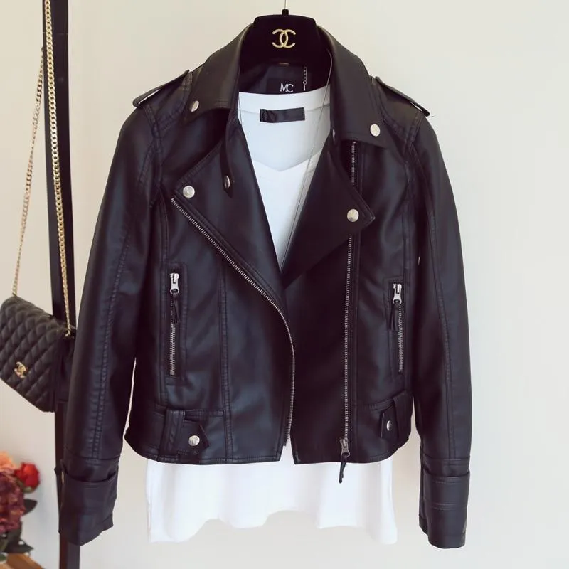 Autumn Winter Synthetic Leather Rivet Jacket Slim Black Zipper Motorcycle Coat