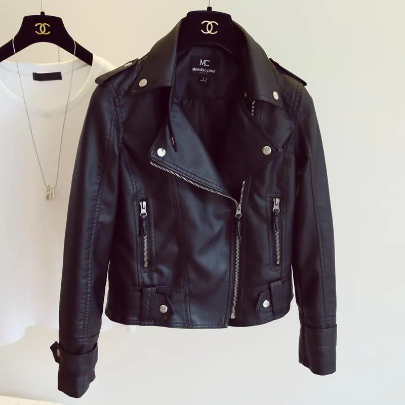 Autumn Winter Synthetic Leather Rivet Jacket Slim Black Zipper Motorcycle Coat