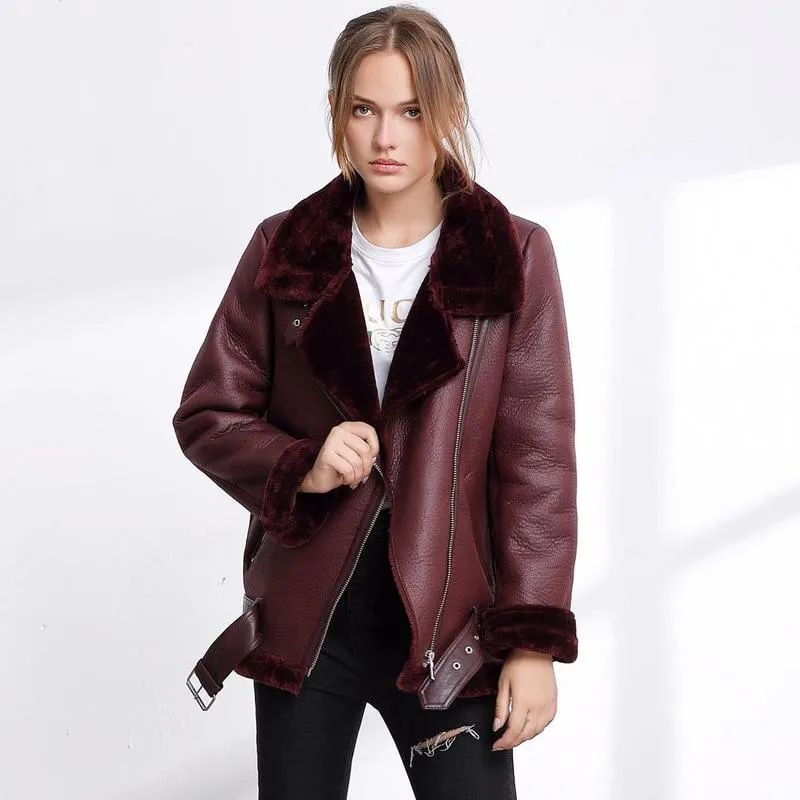 Autumn Winter Synthetic Leather Soft Coat Fur Collar Zipper Women's Jacket