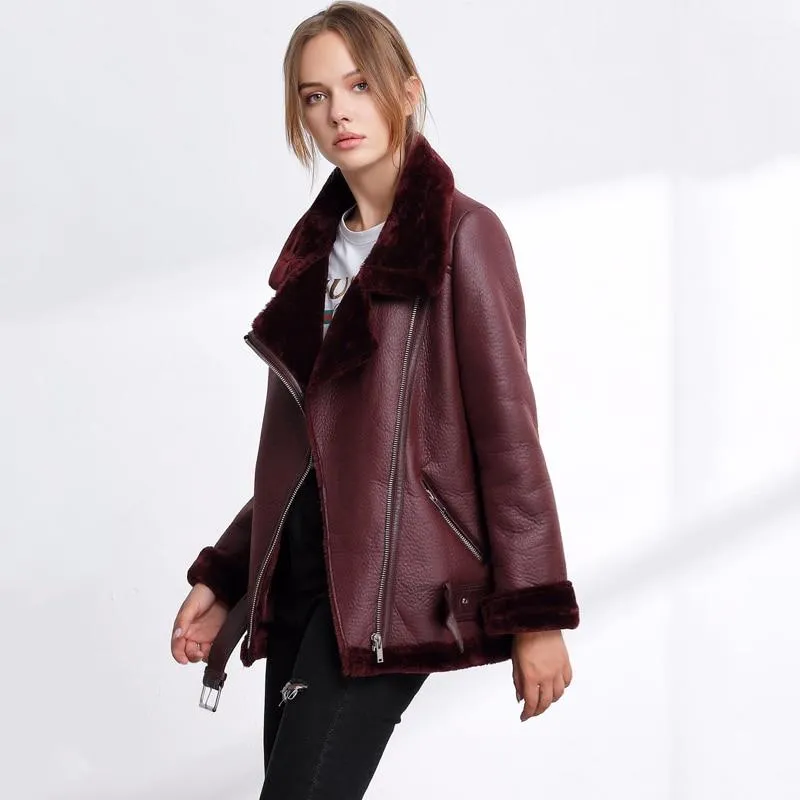 Autumn Winter Synthetic Leather Soft Coat Fur Collar Zipper Women's Jacket