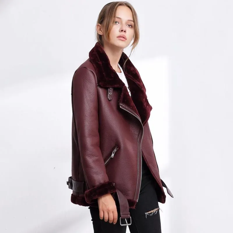 Autumn Winter Synthetic Leather Soft Coat Fur Collar Zipper Women's Jacket