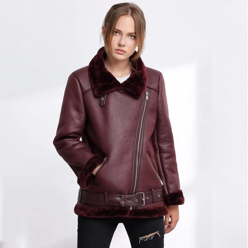 Autumn Winter Synthetic Leather Soft Coat Fur Collar Zipper Women's Jacket