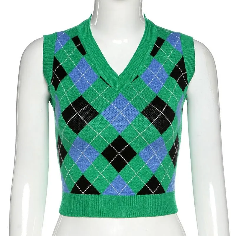 Autumn Winter V Neck Sleeveless Plaid Pullover Knitted Vest Sweater