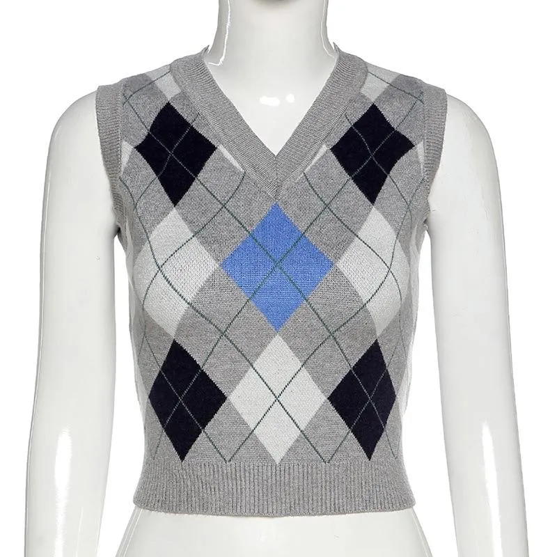 Autumn Winter V Neck Sleeveless Plaid Pullover Knitted Vest Sweater