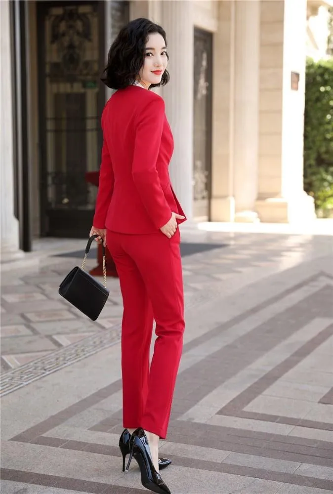 Autumn Winter Wear Red Women's Formal Pantsuit with Pant and Jacket