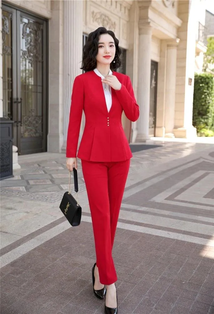 Autumn Winter Wear Red Women's Formal Pantsuit with Pant and Jacket