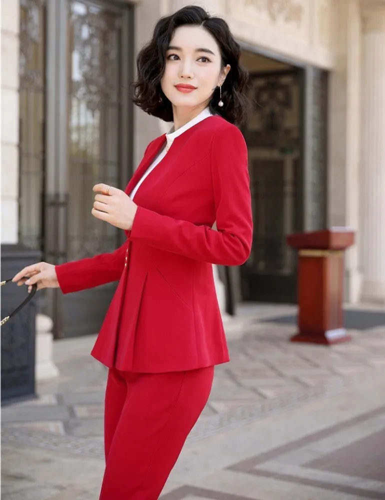 Autumn Winter Wear Red Women's Formal Pantsuit with Pant and Jacket