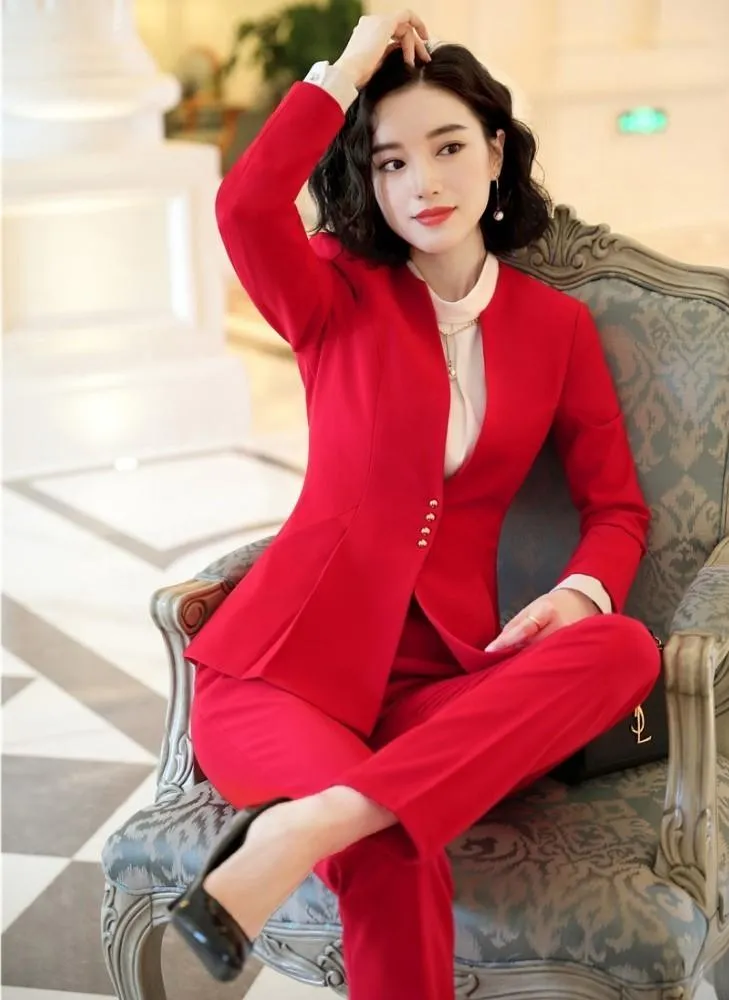 Autumn Winter Wear Red Women's Formal Pantsuit with Pant and Jacket