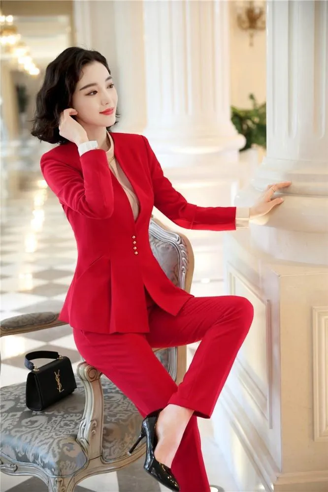 Autumn Winter Wear Red Women's Formal Pantsuit with Pant and Jacket