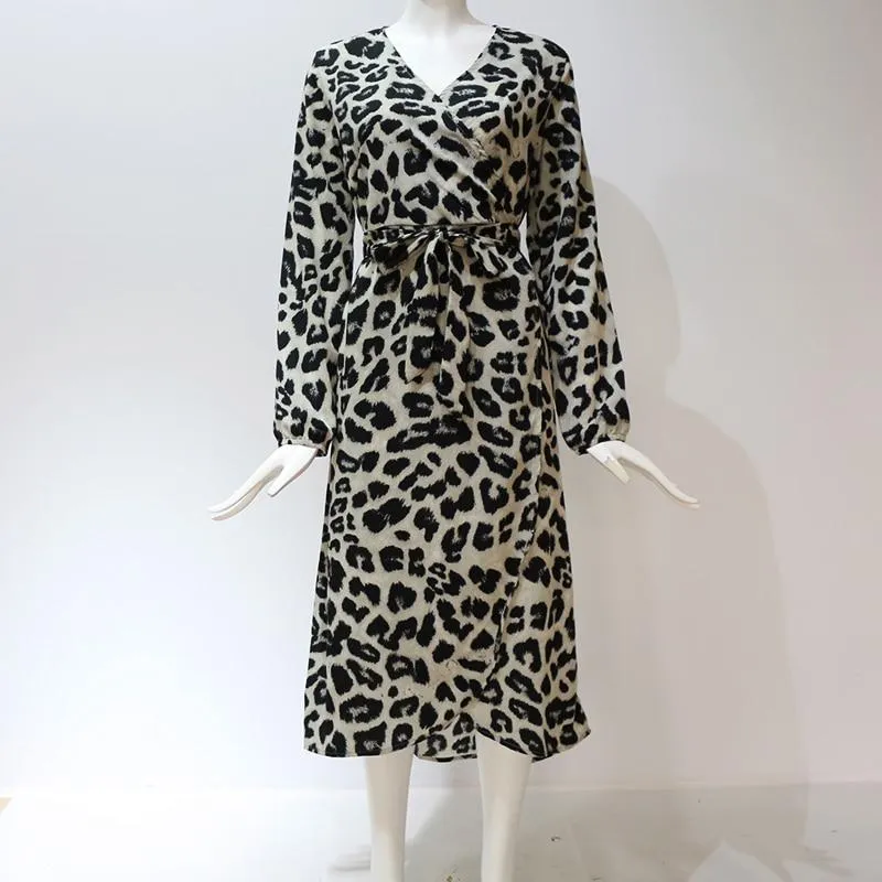 Autumn Winter Women's Leopard Pattern V-Neck Irregular Sashes Midi Dress