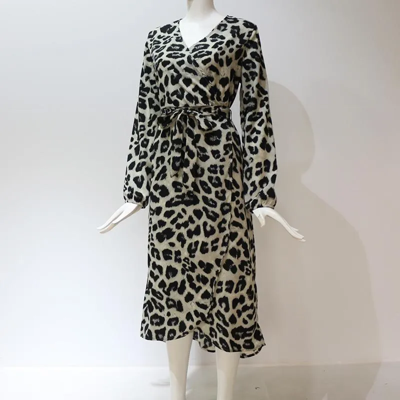 Autumn Winter Women's Leopard Pattern V-Neck Irregular Sashes Midi Dress