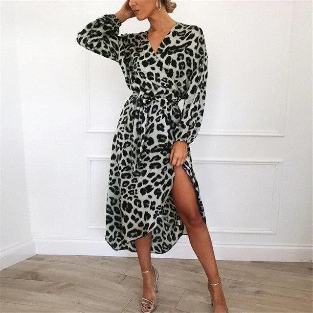 Autumn Winter Women's Leopard Pattern V-Neck Irregular Sashes Midi Dress