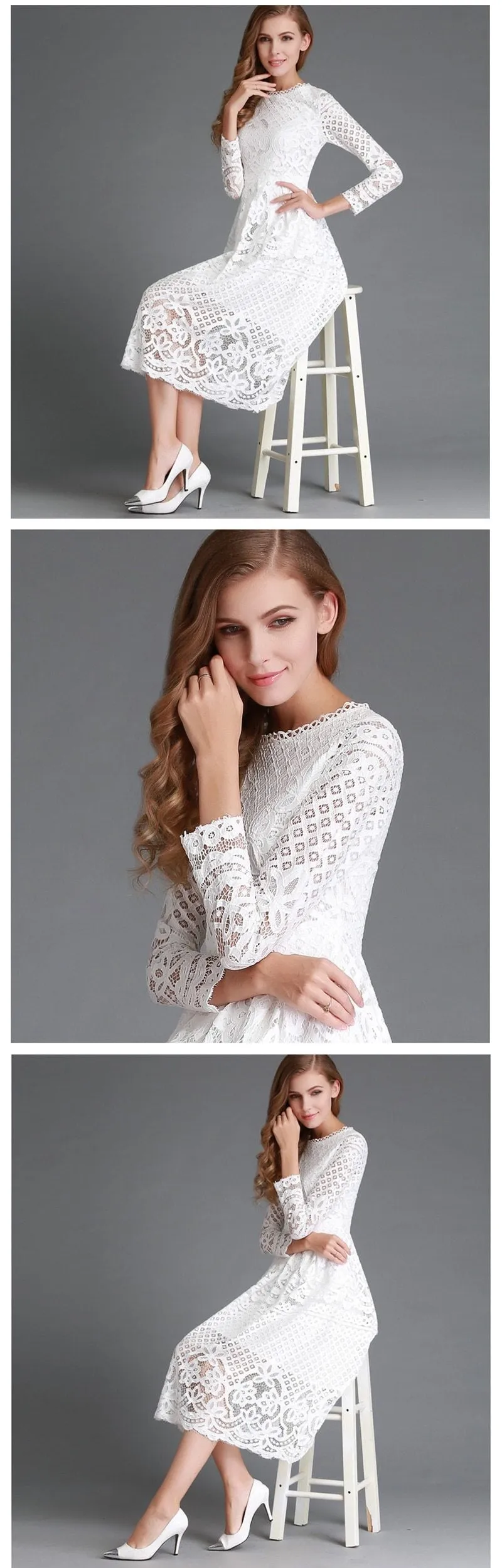 Autumn Winter Women's Vintage Long White Slim Solid Hollow Out Lace Dress