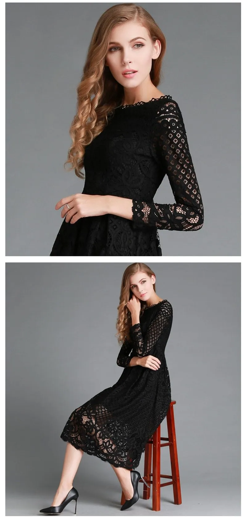 Autumn Winter Women's Vintage Long White Slim Solid Hollow Out Lace Dress