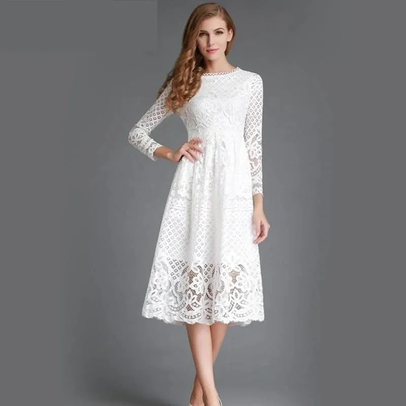 Autumn Winter Women's Vintage Long White Slim Solid Hollow Out Lace Dress