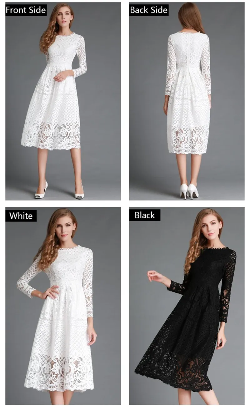 Autumn Winter Women's Vintage Long White Slim Solid Hollow Out Lace Dress