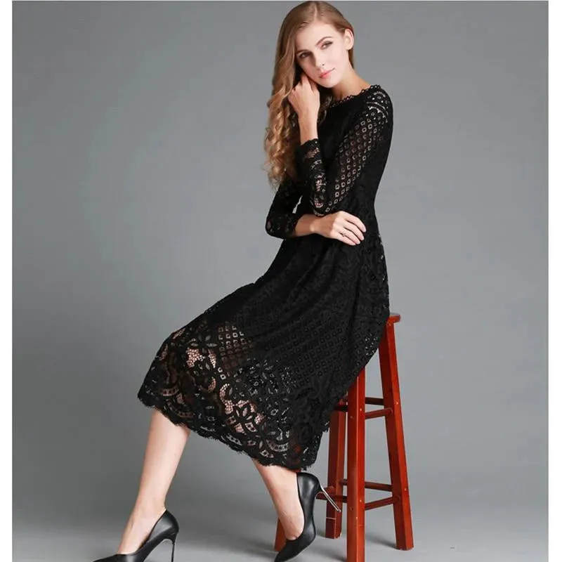 Autumn Winter Women's Vintage Long White Slim Solid Hollow Out Lace Dress