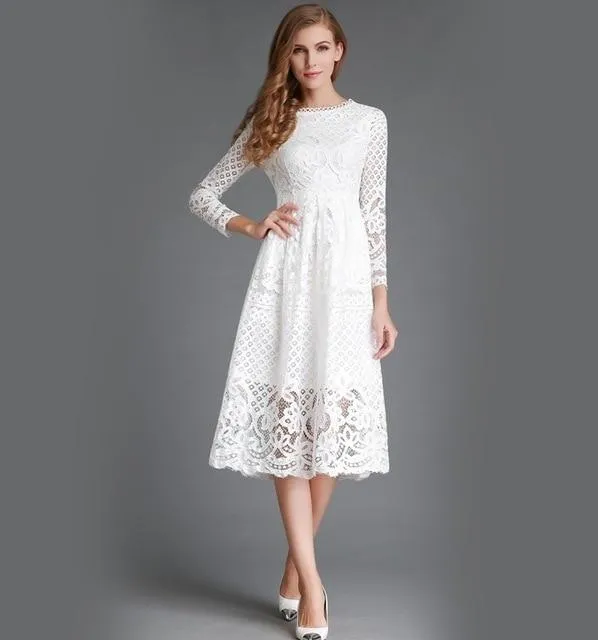 Autumn Winter Women's Vintage Long White Slim Solid Hollow Out Lace Dress