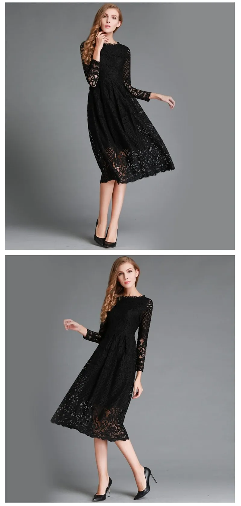 Autumn Winter Women's Vintage Long White Slim Solid Hollow Out Lace Dress