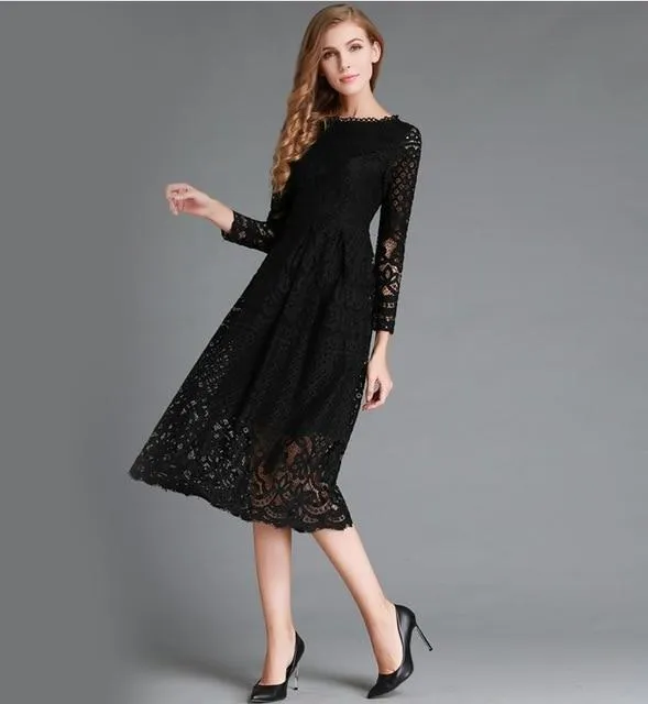 Autumn Winter Women's Vintage Long White Slim Solid Hollow Out Lace Dress