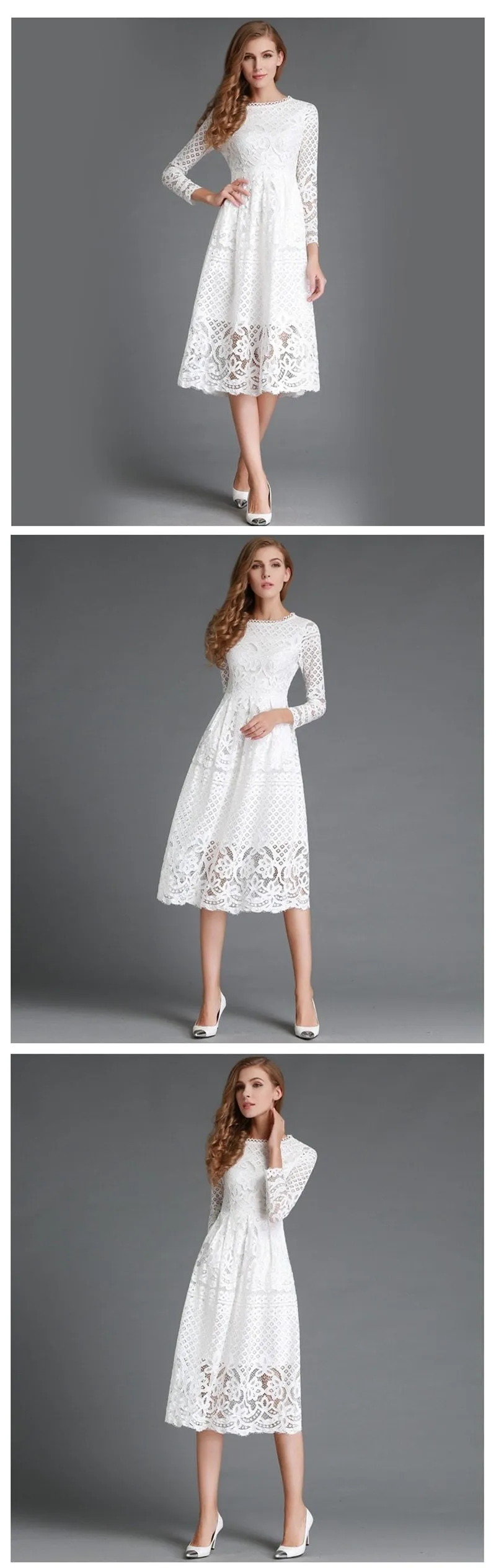 Autumn Winter Women's Vintage Long White Slim Solid Hollow Out Lace Dress