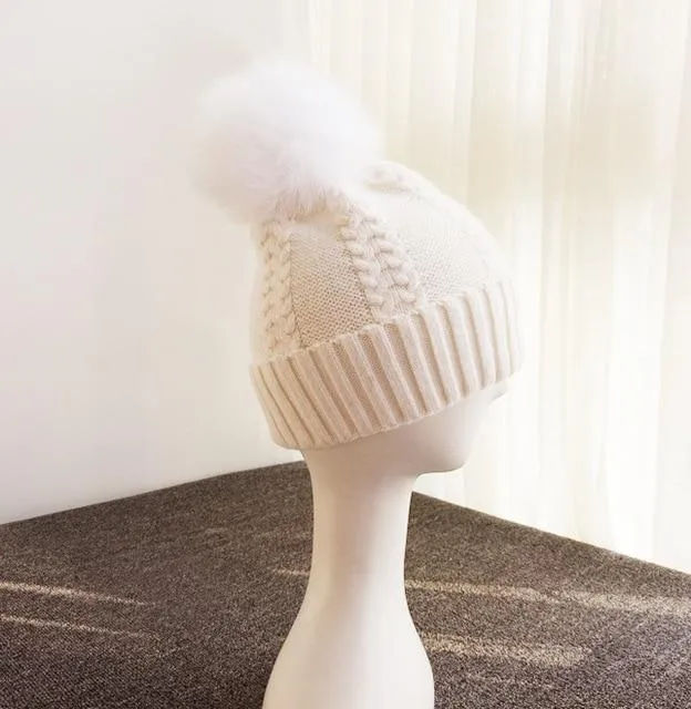 Autumn Winter Wool and Fox Fur Pom Pom Beanie Cap for Women