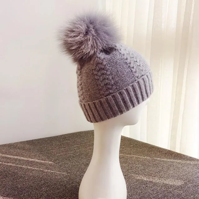 Autumn Winter Wool and Fox Fur Pom Pom Beanie Cap for Women