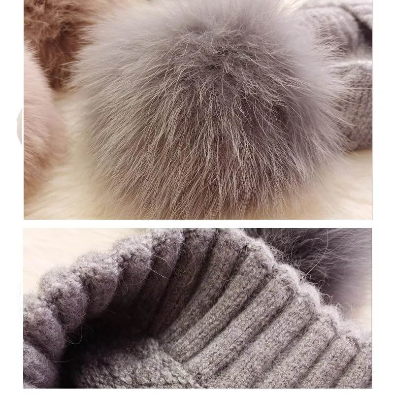 Autumn Winter Wool and Fox Fur Pom Pom Beanie Cap for Women