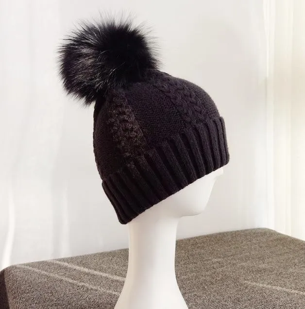 Autumn Winter Wool and Fox Fur Pom Pom Beanie Cap for Women