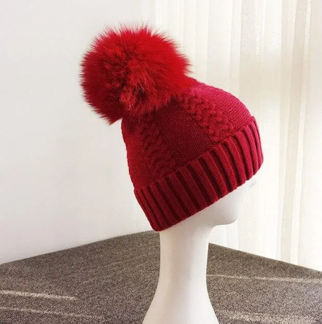 Autumn Winter Wool and Fox Fur Pom Pom Beanie Cap for Women