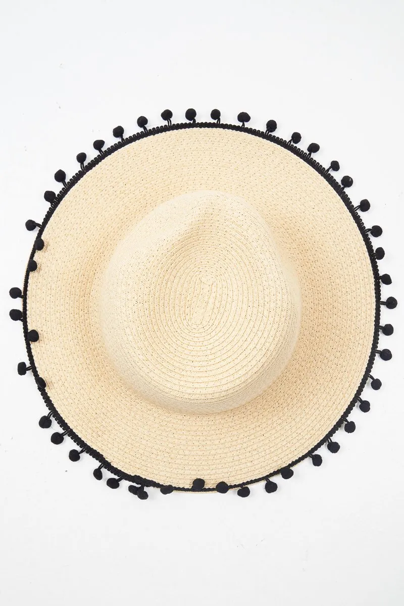 Beige Straw Pom Pom Beach Hat - Ilina