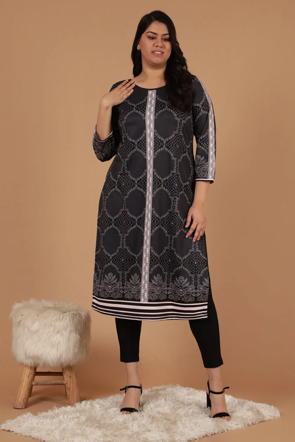 Black Printed Art Woolen Winter Kurti