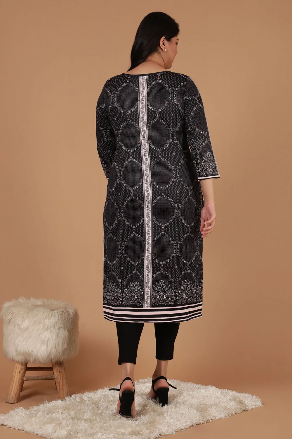 Black Printed Art Woolen Winter Kurti