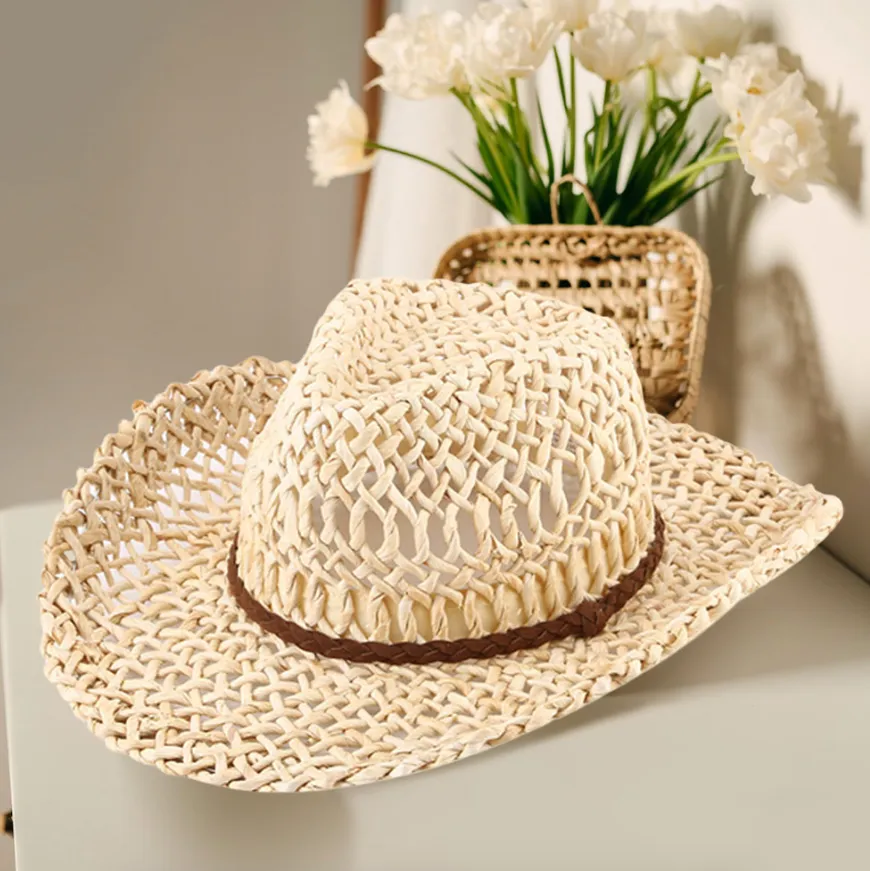 Braided Band Detailed Open Weave Panama Cowboy Straw Hat