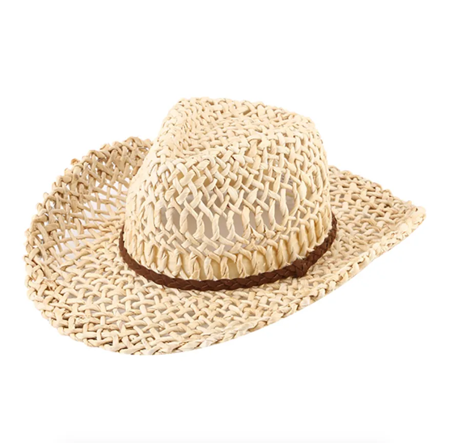 Braided Band Detailed Open Weave Panama Cowboy Straw Hat