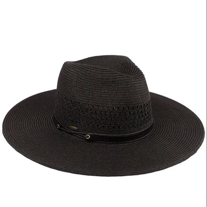 C.C Faux Leather String Paper Straw Panama Hat