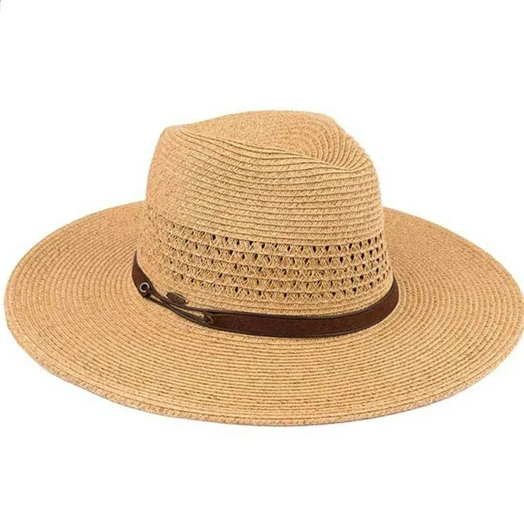 C.C Faux Leather String Paper Straw Panama Hat