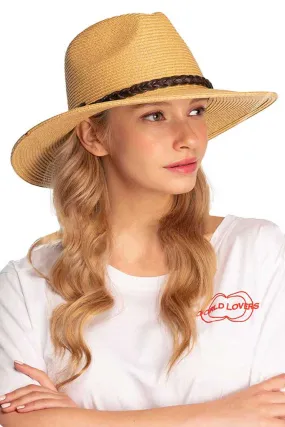 C.C Faux Leather Trim Straw Panama Hat