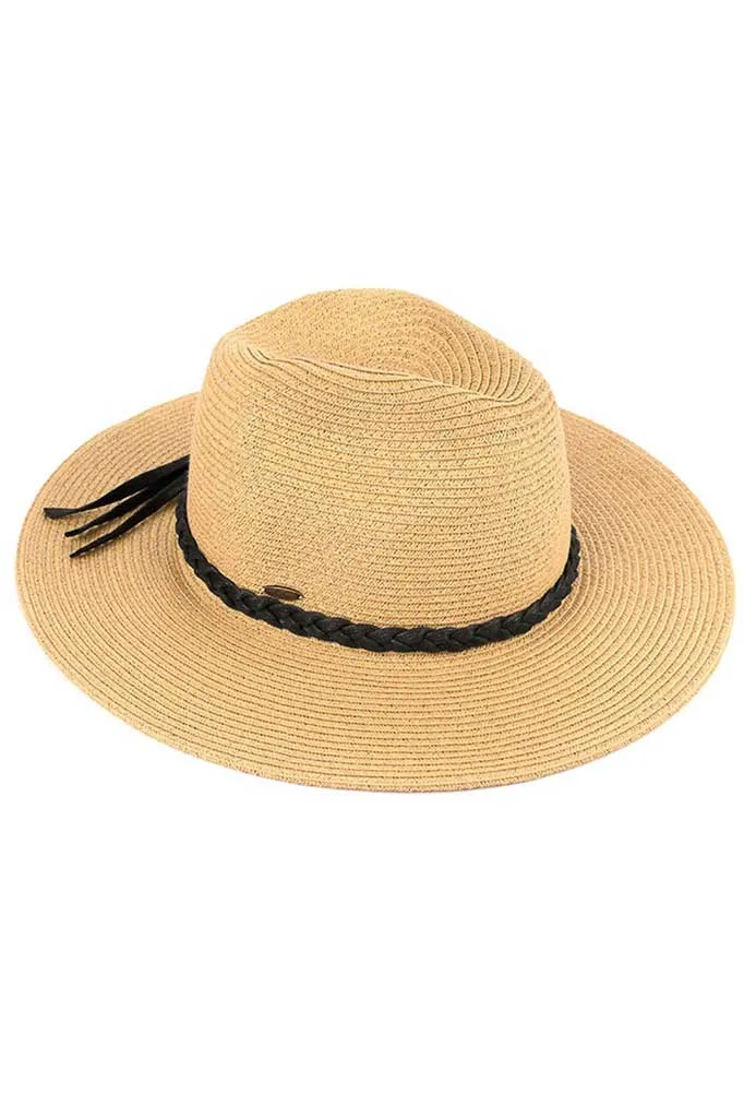 C.C Faux Leather Trim Straw Panama Hat