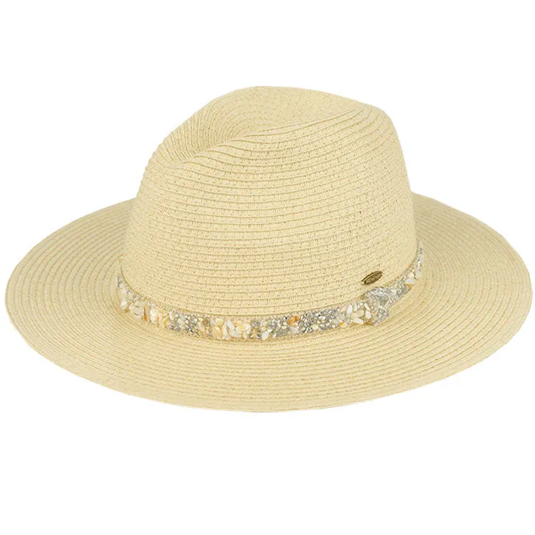 C.C Gem Stone Trim Band Straw Panama Sun Hat