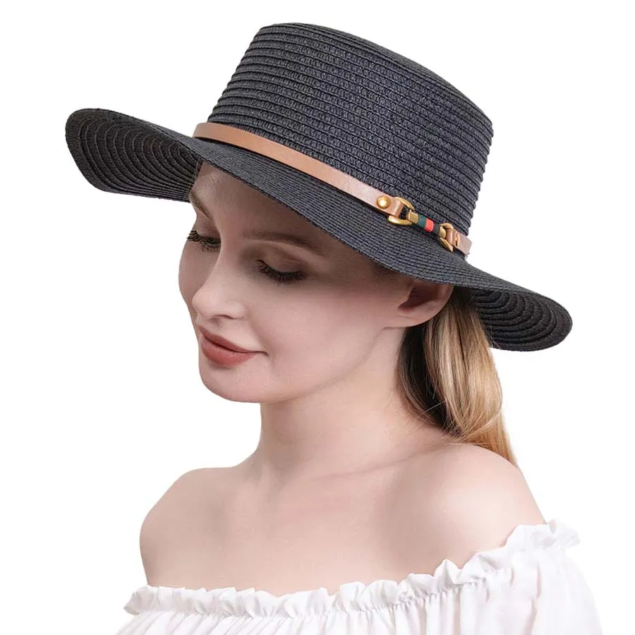 Color Block Pointed Faux Leather Band Straw Sun Hat