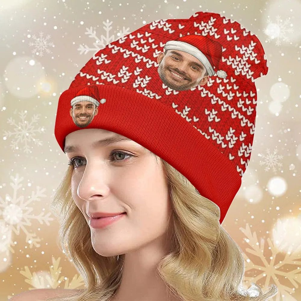 Custom Face Snowflake Christmas Hat Red Unisex All Over Printed Knitted Hat