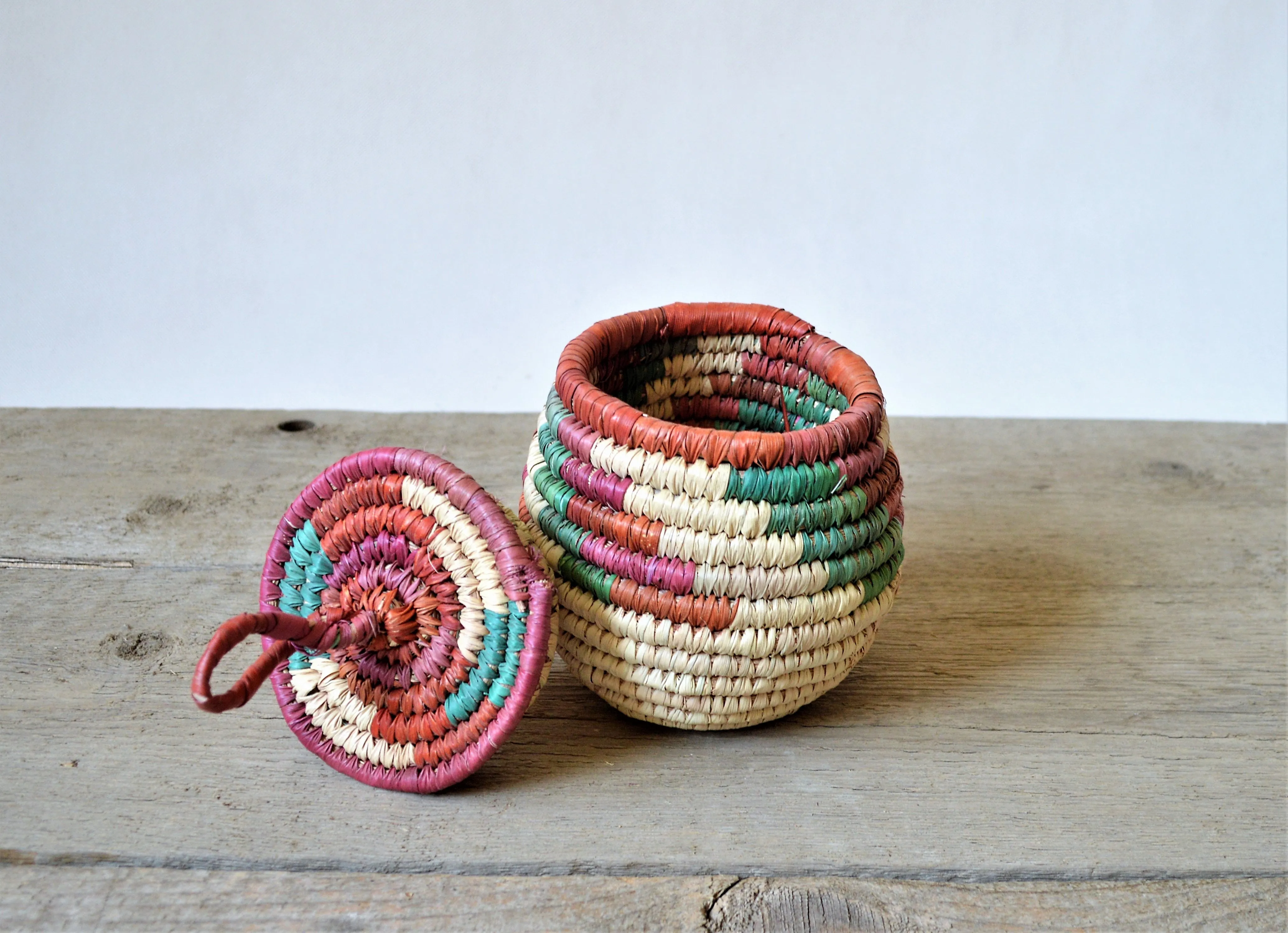 Dyed straw box, Vintage jewelry basket