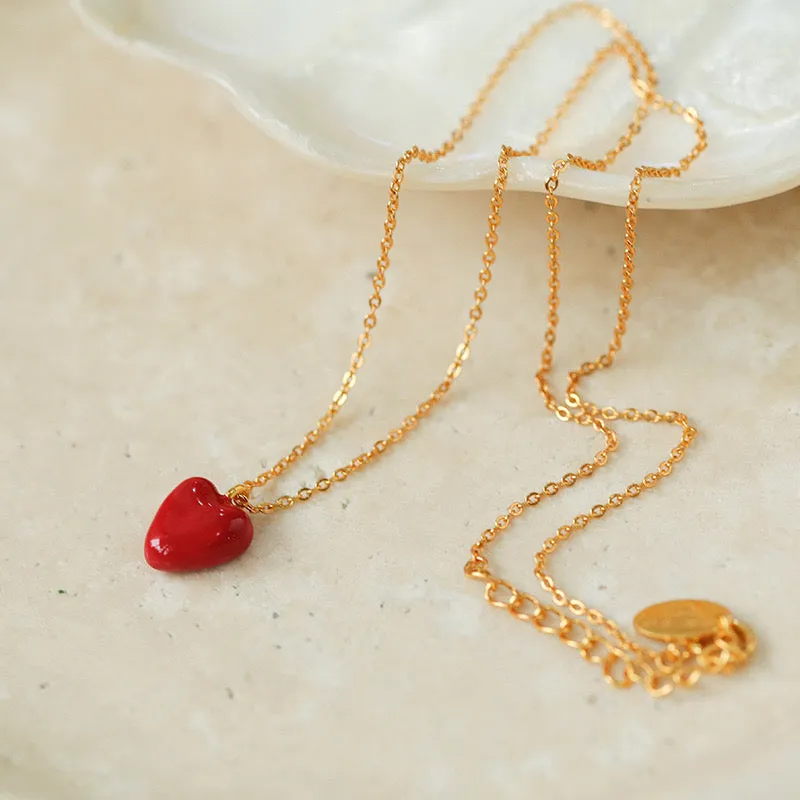 Fashionable Red Enamel Heart Necklace