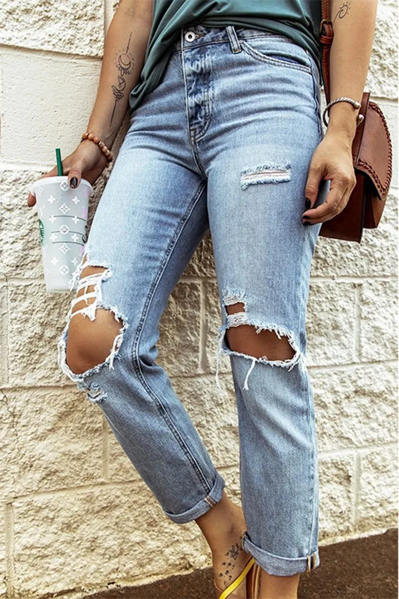 Fashionable Straight Slim Leg Ripped Jeans Distressed Leggings