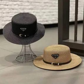 Flat-Top Wide Straw Leather Buckle Hat